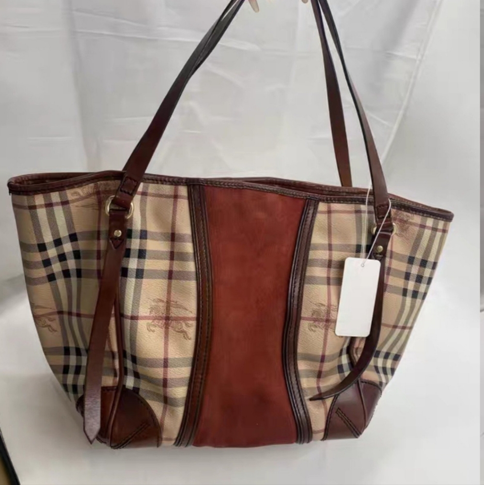 BURBERRY Haymarket Check Leather-Trimmed Tote